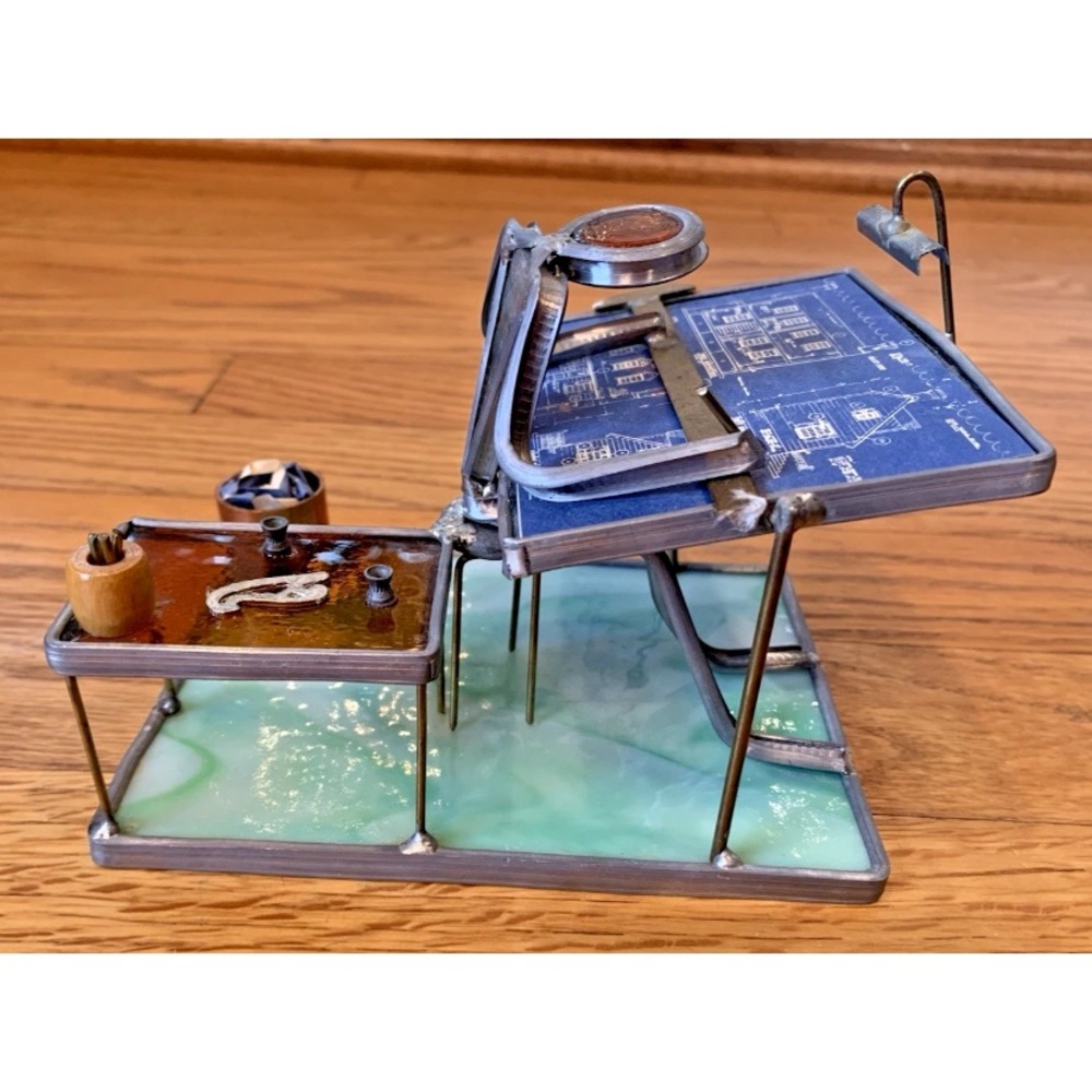 Vintage Carl Goeller Stain Glass & Metal Architect Builder Art Sculpture